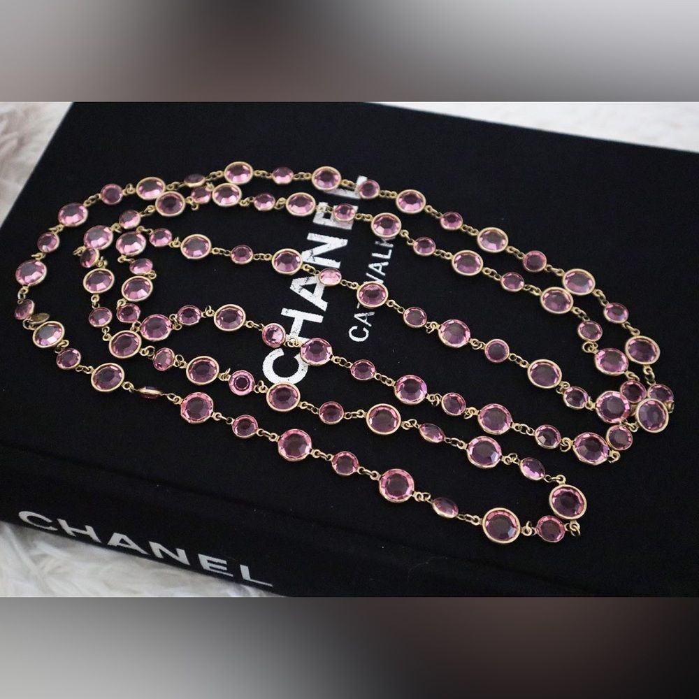 SOLD Chanel 1981 Pink Chicklet Chiclet Sautoir Strass Long Necklace